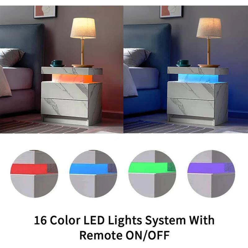 LED Nightstand with Drawers Stylish Smart Bedside Table for Bedroom 8"D